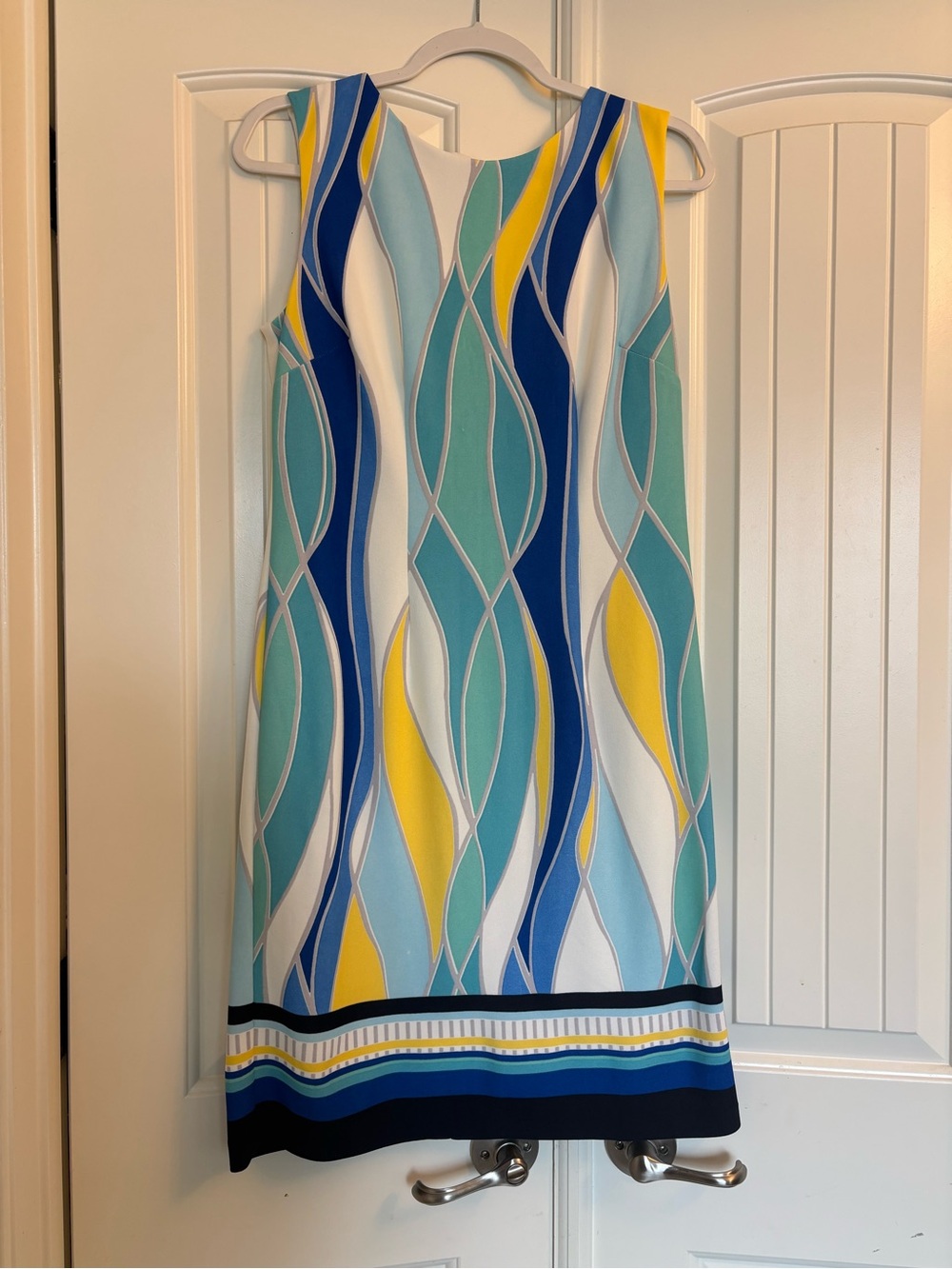 Leslie Fay Wave-Print Midi Dress in Blue, Teal & Yellow